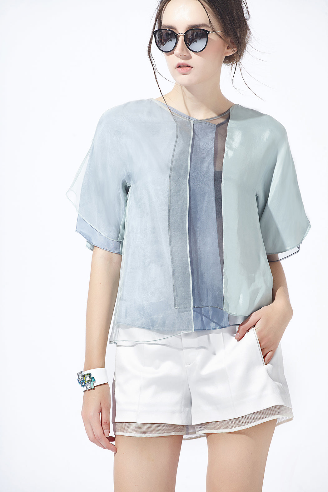 Overlay Blocking Silk-Cupro Top